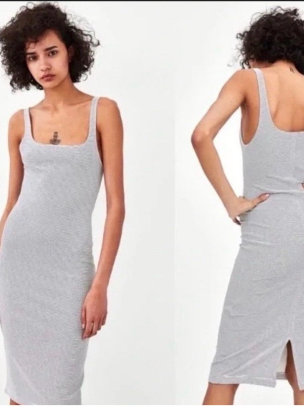Zara Striped Ribbed Tank Midi Dress in Light Gray and White